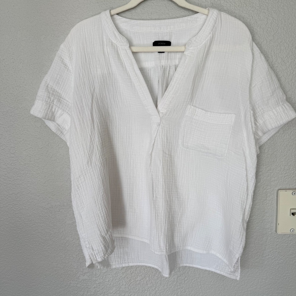 J.Crew Womens White Cotton Double Gauze Short Sleeve V Neck Top Large